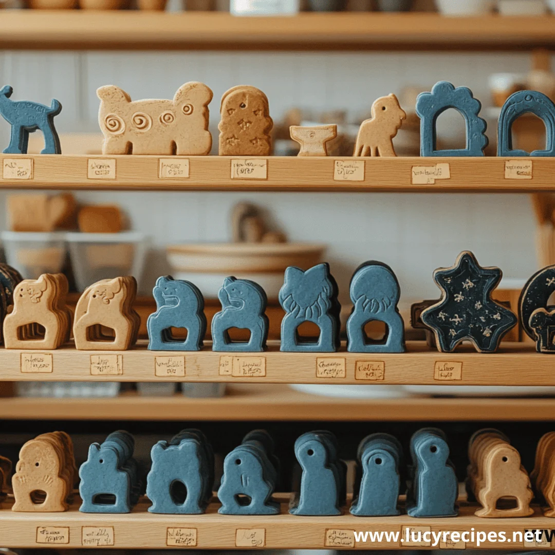 Rows of uniquely shaped cookies in various designs, including animals and stars, neatly arranged on wooden shelves with small name tags underneath.