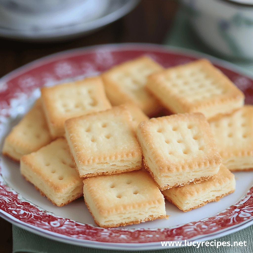 A plate of golden, crispy square butter cookies with flaky layers and perforations