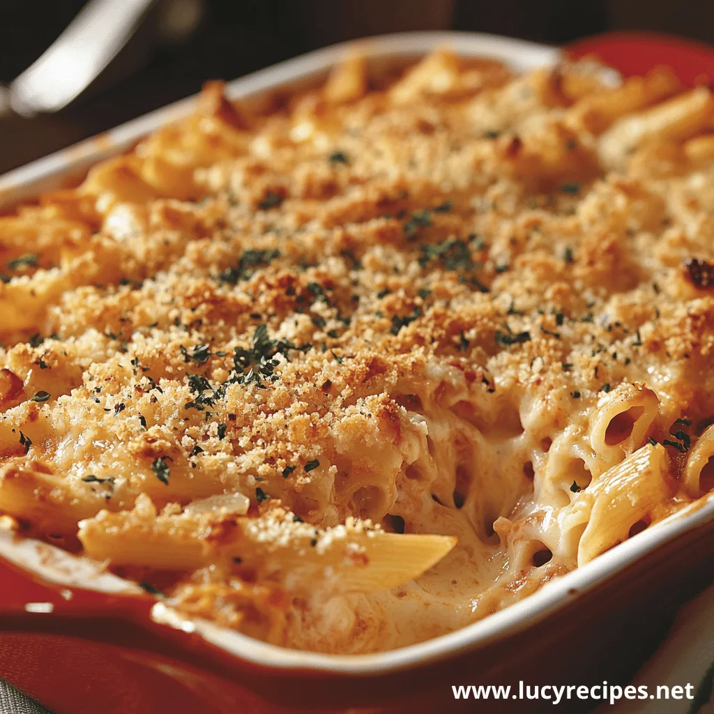 A casserole dish of baked ziti with a golden, crispy breadcrumb topping.