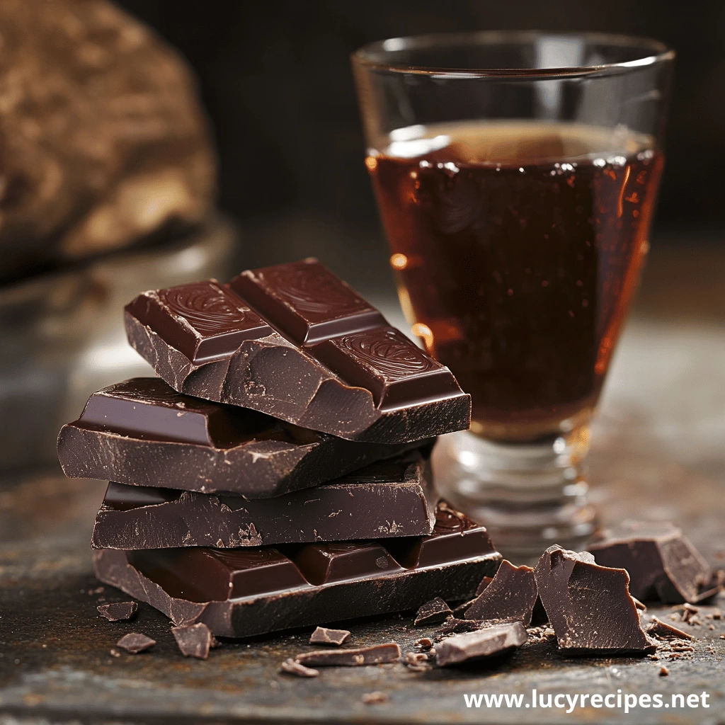 A stack of rich dark chocolate bars with broken pieces is placed on a rustic surface alongside a glass of dark liquor.