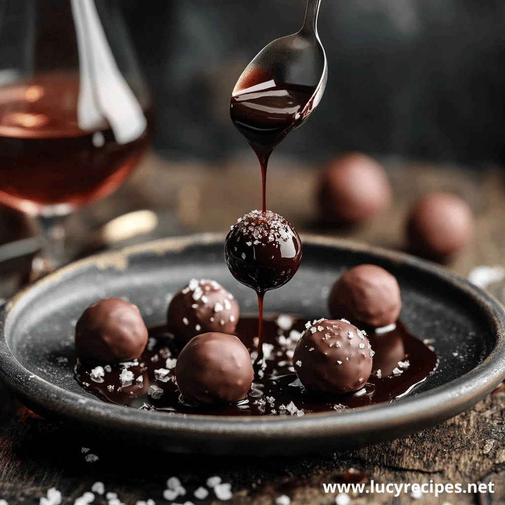 Luxurious chocolate truffles drizzled with rich chocolate sauce, sprinkled with sea salt, served on a dark plate with a glass of red wine in the background, raising the question Does Chocolate Rum Balls Contain Alcohol.