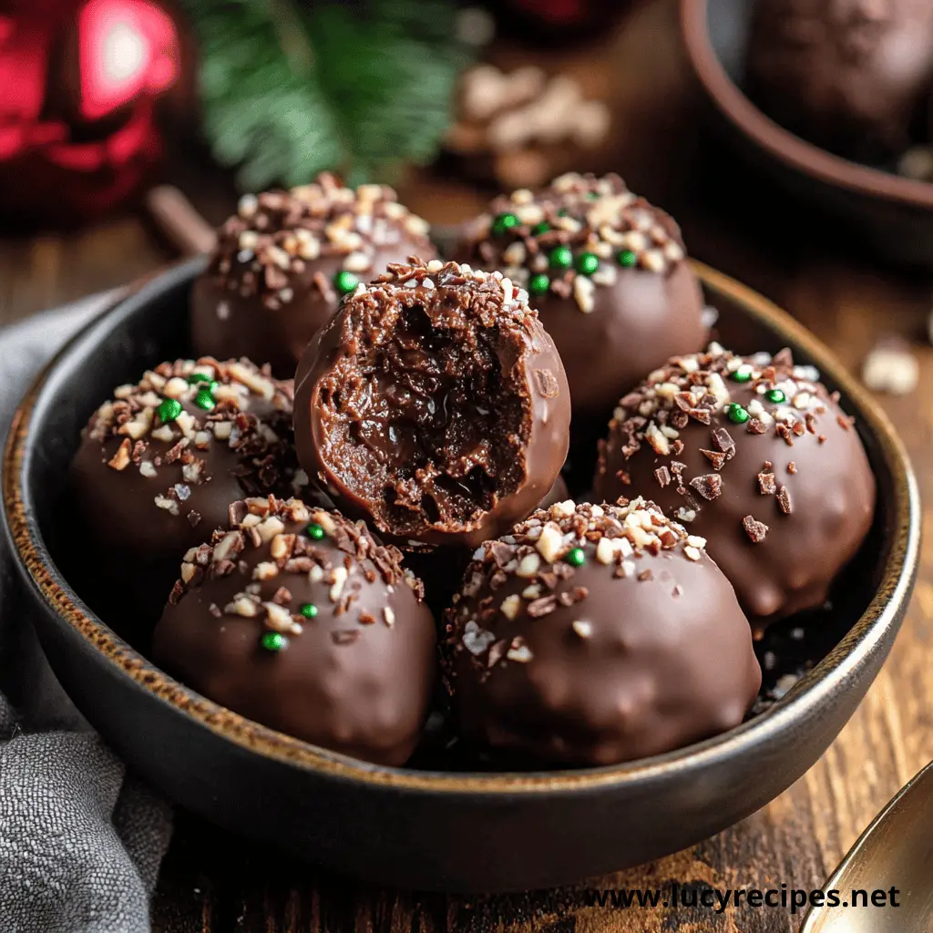 A bowl of rich, chocolate-coated truffles topped with sprinkles and nuts, with one truffle showing a gooey chocolate center.