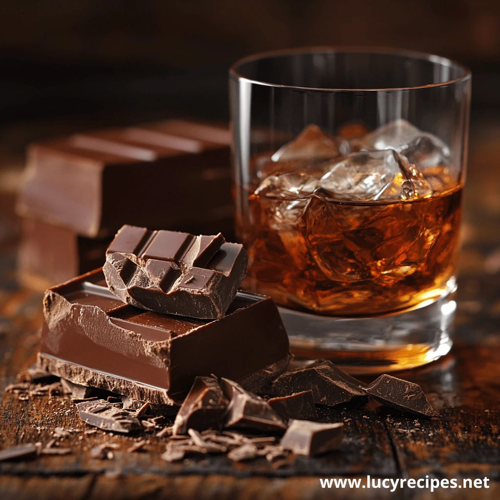 A glass of whiskey on the rocks sits beside a stack of rich, dark chocolate bars with scattered chocolate shards on a rustic wooden surface.