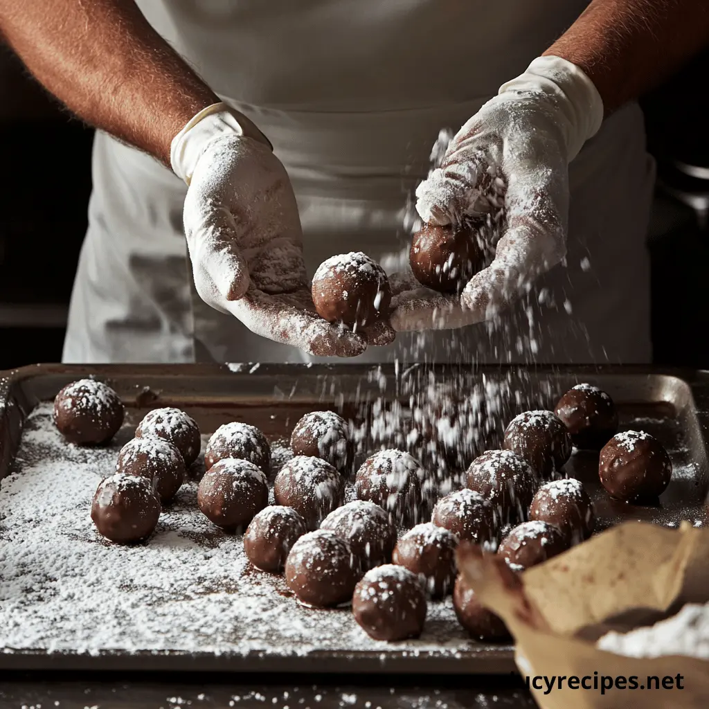 A chef's hands dusting powdered sugar over freshly made chocolate truffles on a baking tray