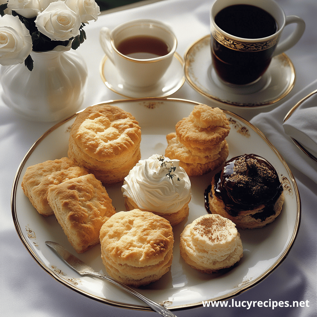 A plate of assorted biscuits topped with whipped cream, chocolate glaze, and dusted sugar, served with tea and coffee in a classic setup