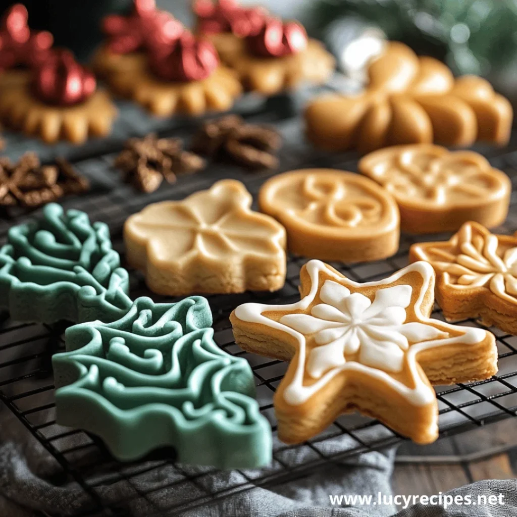 Elegant festive cookies with intricate designs, cooling on a rack, demonstrating What Is The Trick For Cookie Cutters to achieve perfectly shaped and decorated treats.