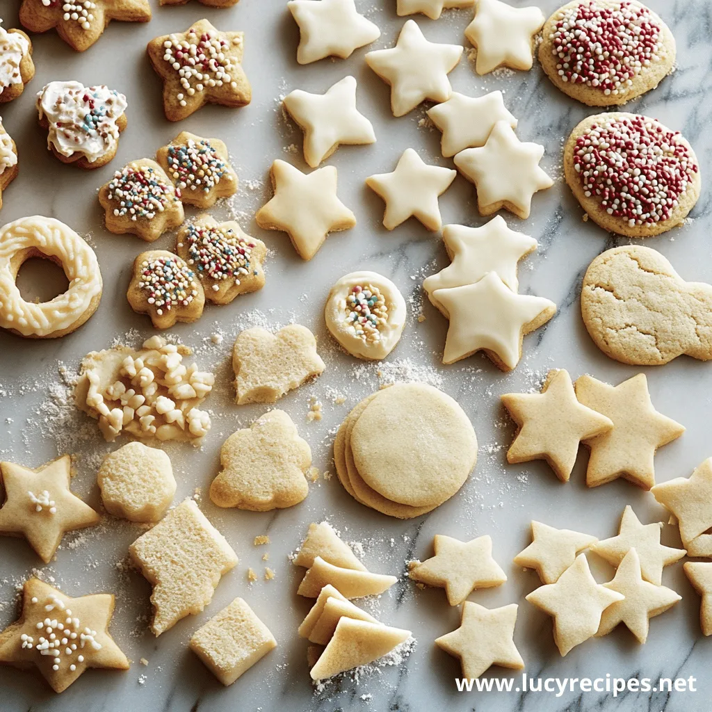 A variety of festive sugar cookies in different shapes and designs, including stars, circles, and decorated treats with icing and sprinkles, displayed on a marble surface.