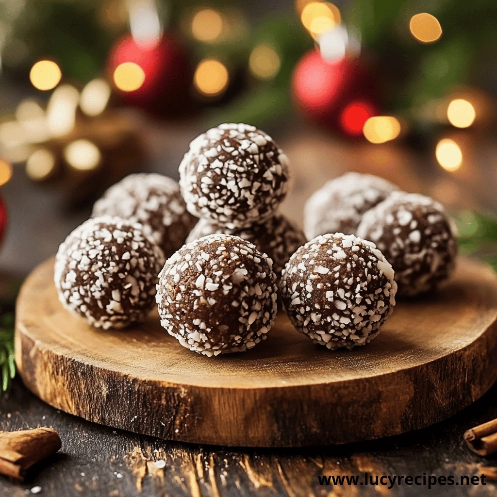 A wooden board holding chocolate balls coated with shredded coconut, set against a festive background with blurred holiday lights and red ornaments, addressing the question Can Rum Balls Get You Drunk.