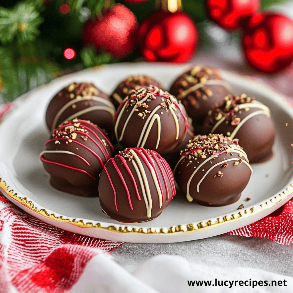 A plate of elegant chocolate truffles decorated with festive red and white drizzles and sprinkled with crushed nuts, set against a Christmas-themed backdrop with red ornaments and greenery.