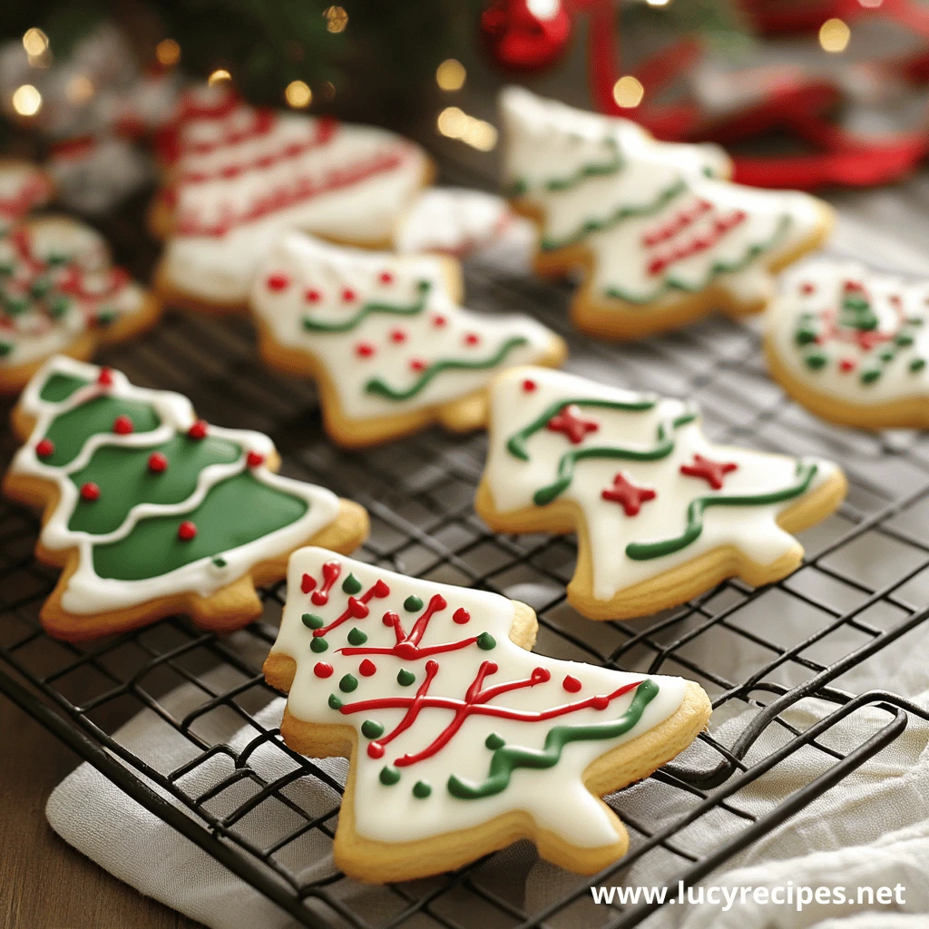 Colorfully decorated Christmas tree sugar cookies with icing in red, green, and white, displayed on a cooling rack, perfect alongside Butter Biscuits Christmas treats.