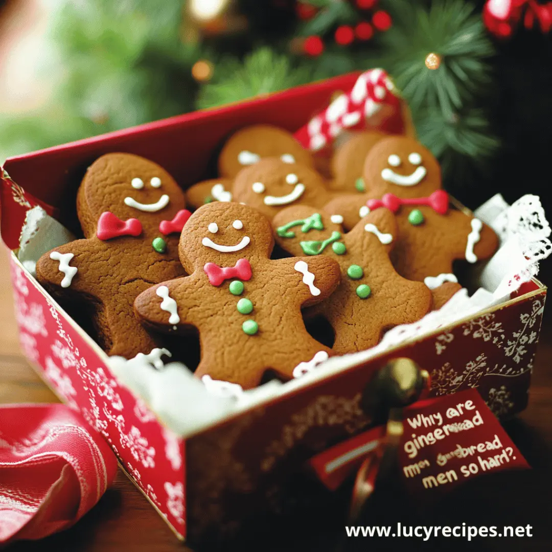 A cheerful box of gingerbread men cookies decorated with icing bows and buttons, set against a festive holiday background.