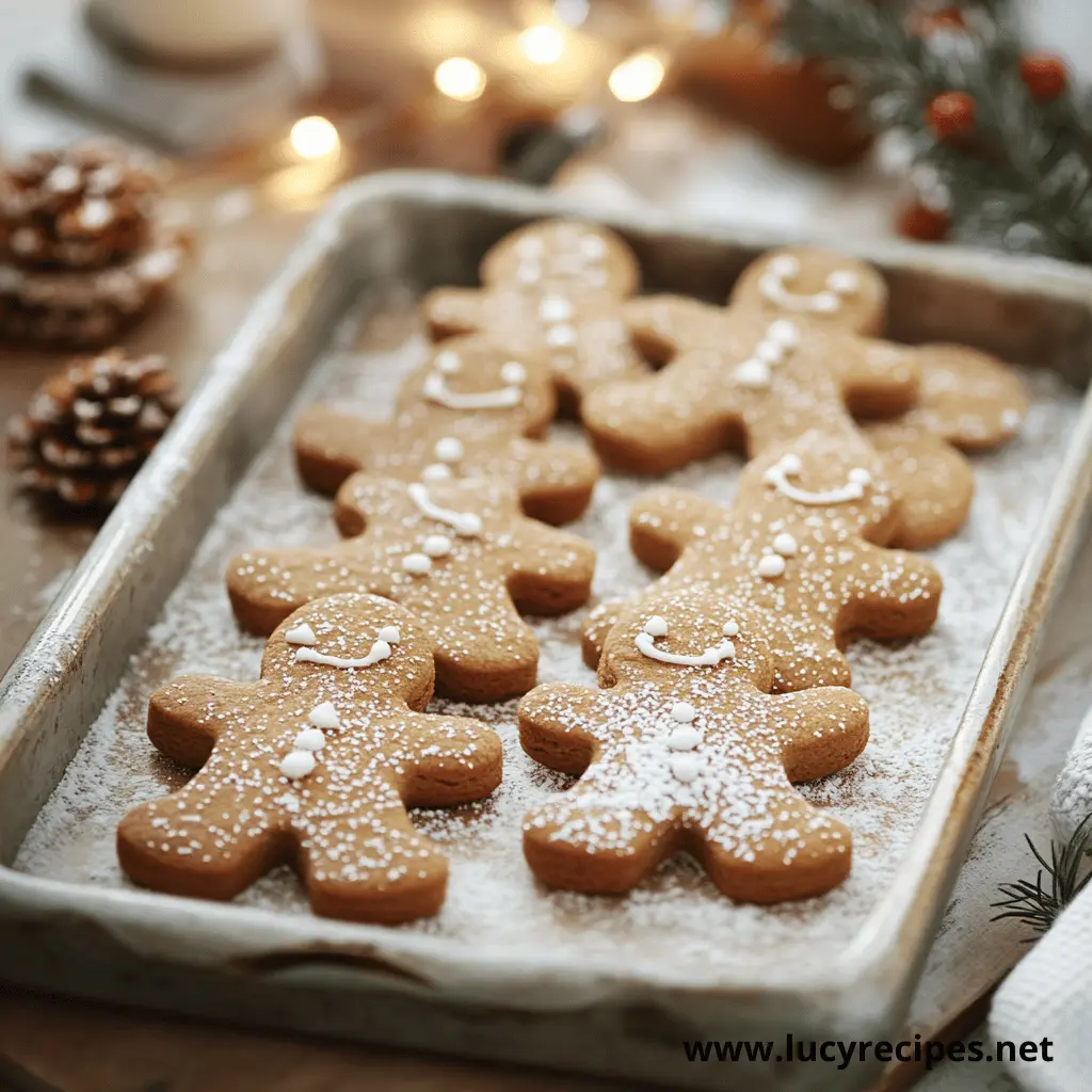 A baking tray filled with freshly baked gingerbread men cookies, lightly dusted with powdered sugar and decorated with white icing, creating a cozy holiday ambiance.