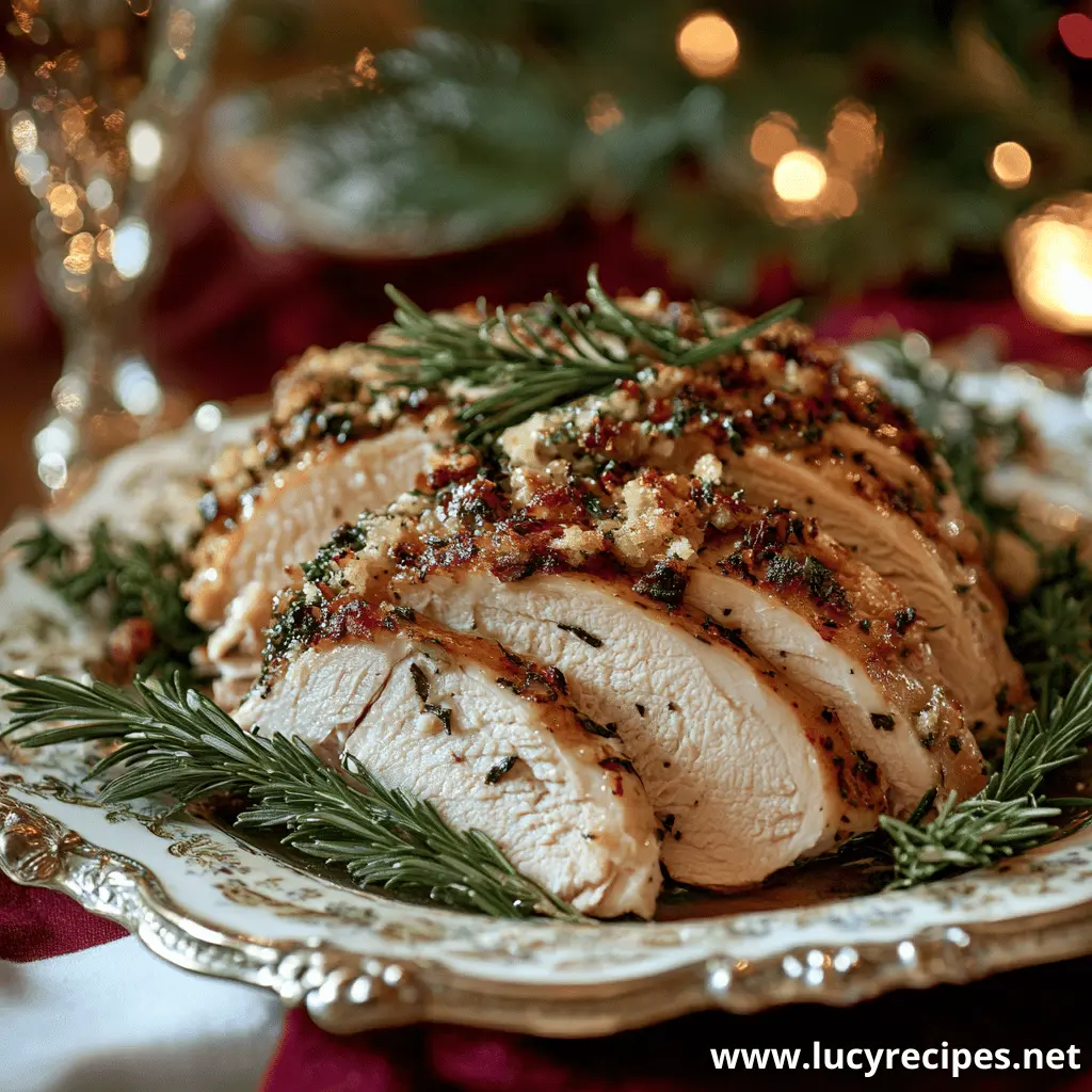 Slices of golden herb-crusted turkey breast garnished with fresh rosemary on a decorative platter—explore whether turkey breast covered or uncovered is best for holiday celebrations.