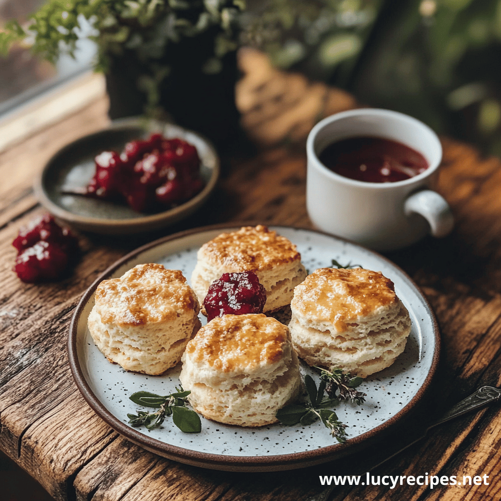 Golden flaky biscuits served with raspberry jam and a cup of tea