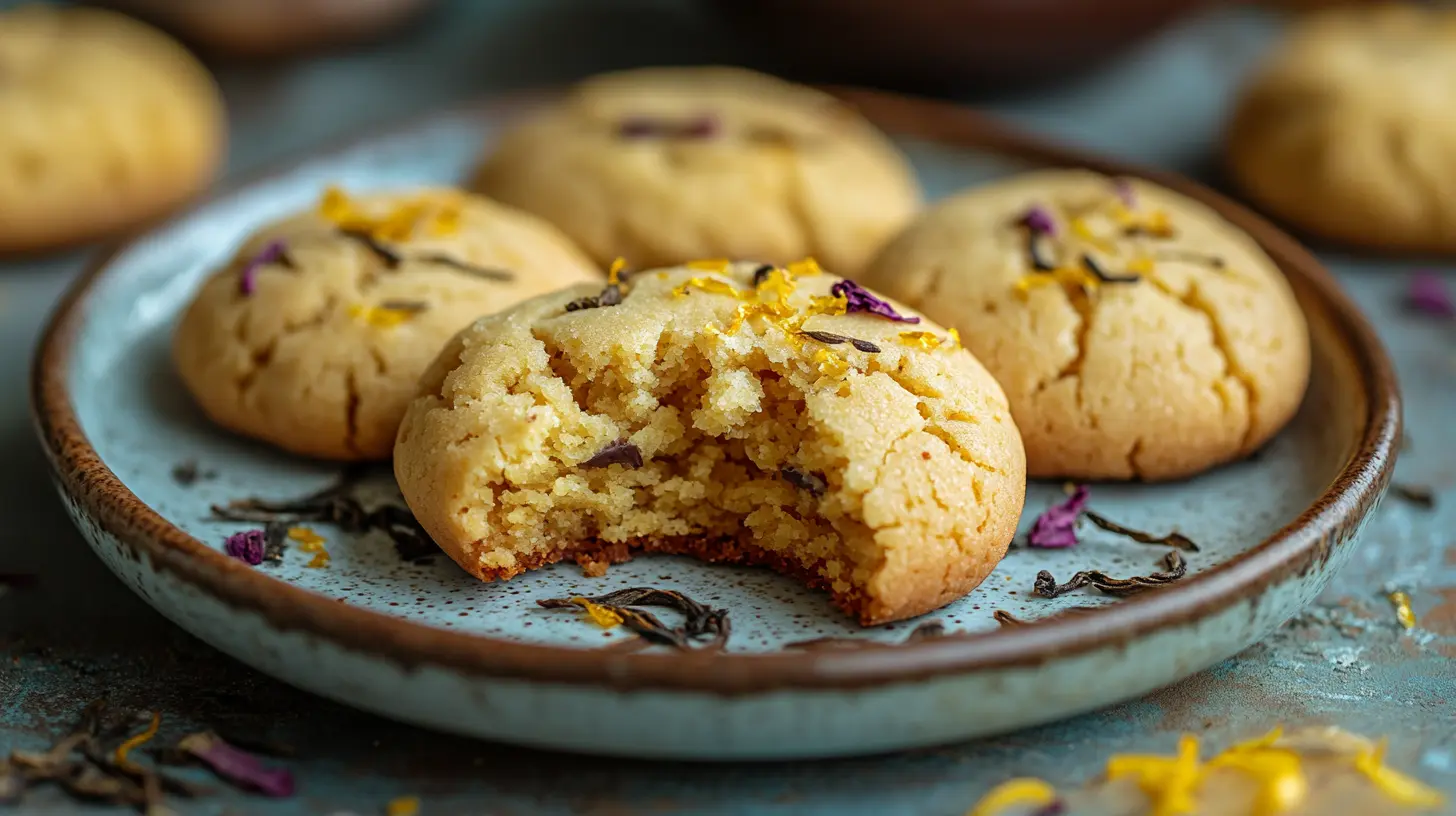 Soft butter cookies infused with floral tea petals and citrus zest, served on a rustic blue plate.