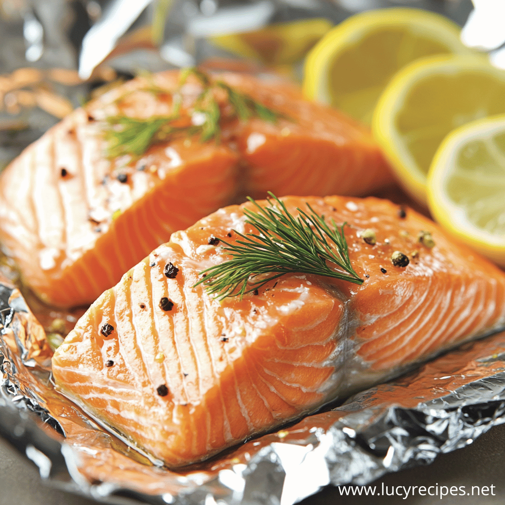 Baked salmon fillets garnished with fresh dill and cracked black pepper, accompanied by lemon slices on a foil-lined tray, perfect for a Foil Grill Salmon recipe.