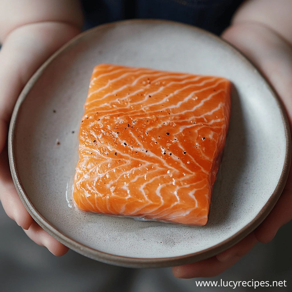 A close-up of a fresh salmon fillet seasoned with black pepper, placed on a ceramic plate.