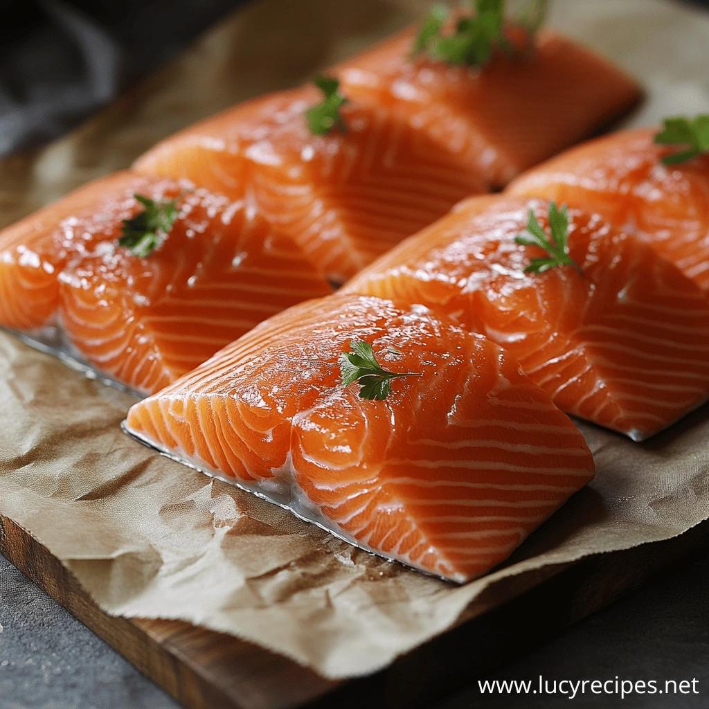 A close-up of fresh salmon fillets placed on parchment paper, garnished with parsley sprigs.