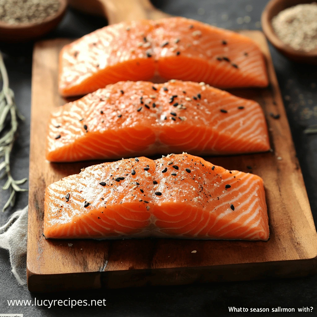 Three uncooked salmon fillets seasoned with black sesame seeds, salt, and pepper, arranged on a wooden board.