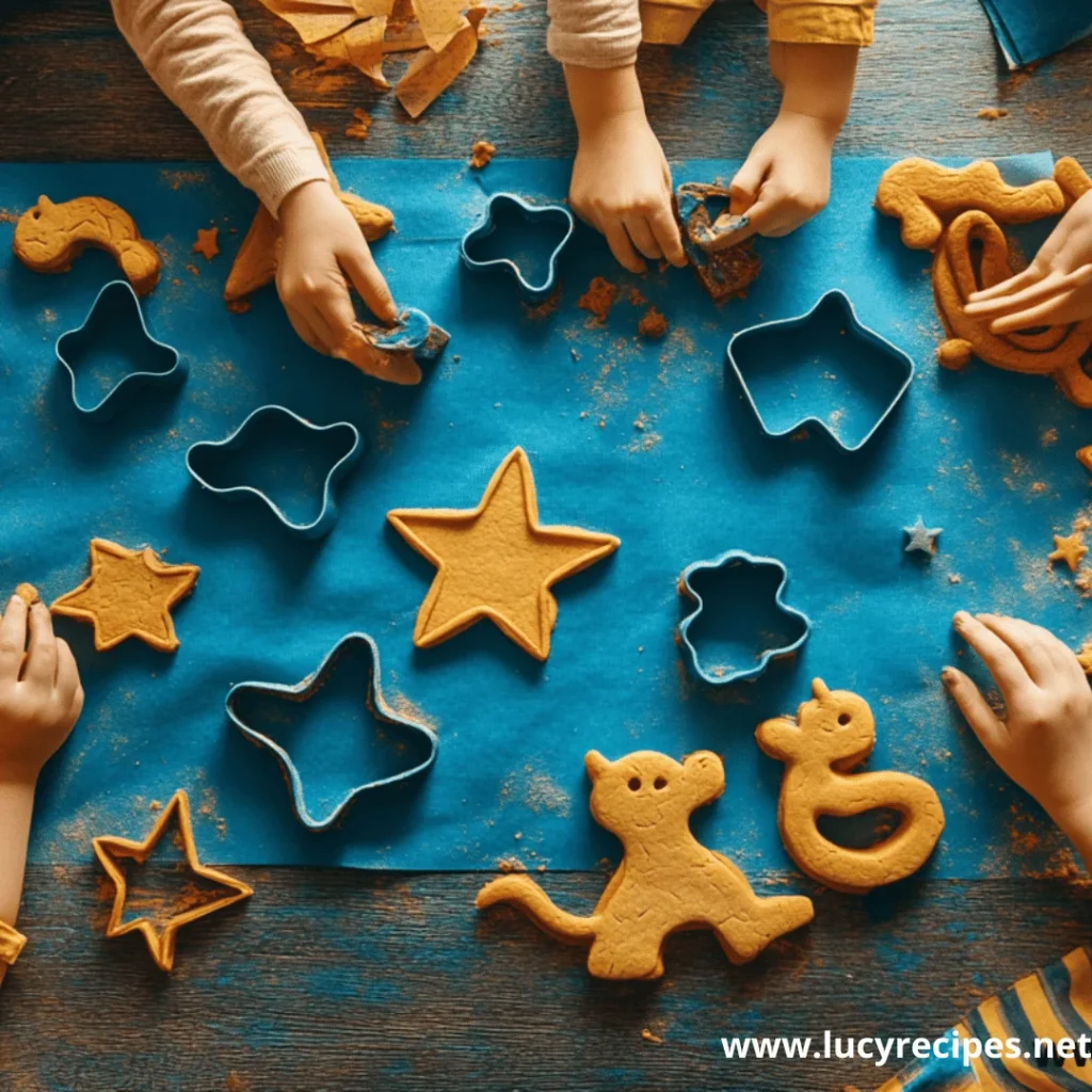 Children’s hands using animal- and star-shaped cookie cutters on vibrant blue baking mats, illustrating What Is The Trick For Cookie Cutters while creating playful and creative cookie shapes.