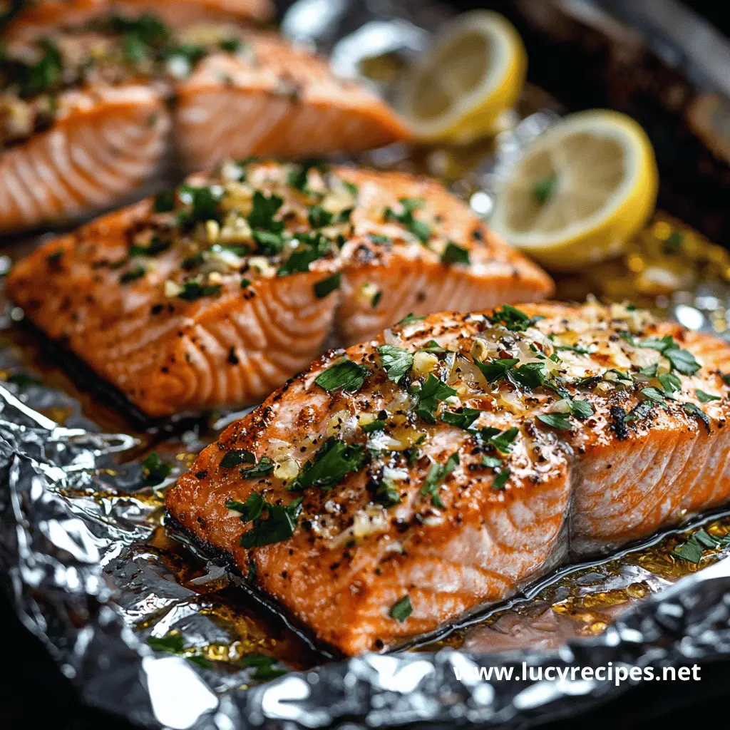 Close-up of baked salmon fillets topped with garlic, herbs, and lemon slices, served on a foil-lined tray