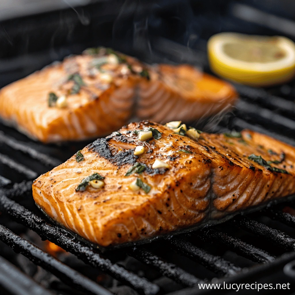 Close-up of salmon fillets on a grill, seasoned with garlic and herbs, with steam rising and a lemon slice in the background.