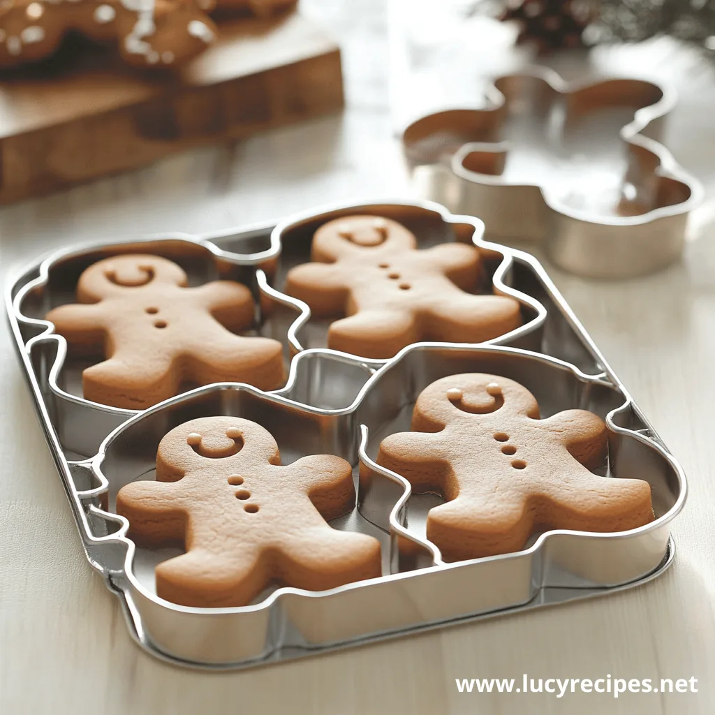 Freshly baked gingerbread men cookies in a baking tray with a gingerbread-shaped cookie cutter in the background