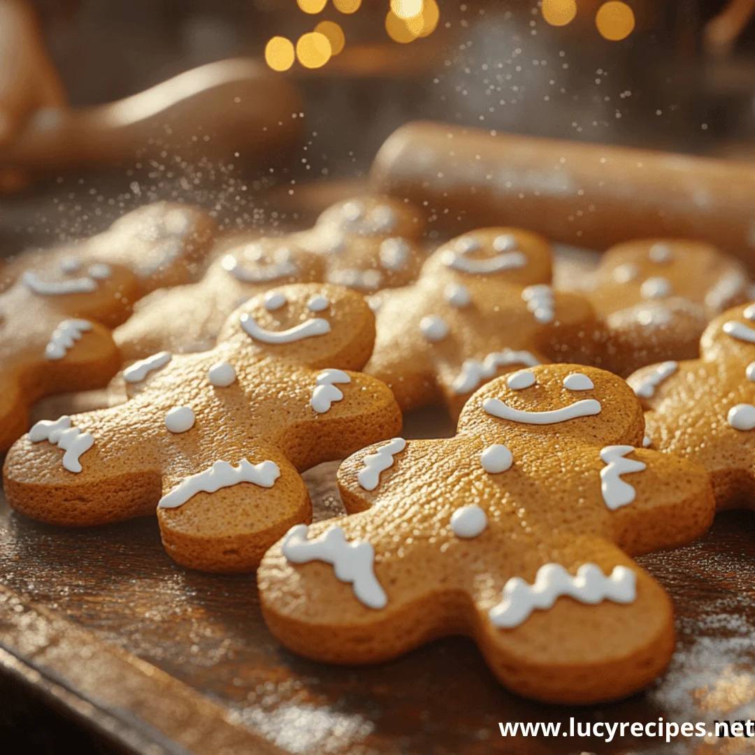 Close-up of smiling gingerbread cookies with white icing details on a wooden surface, sprinkled with flour in a warm, festive kitchen setting.