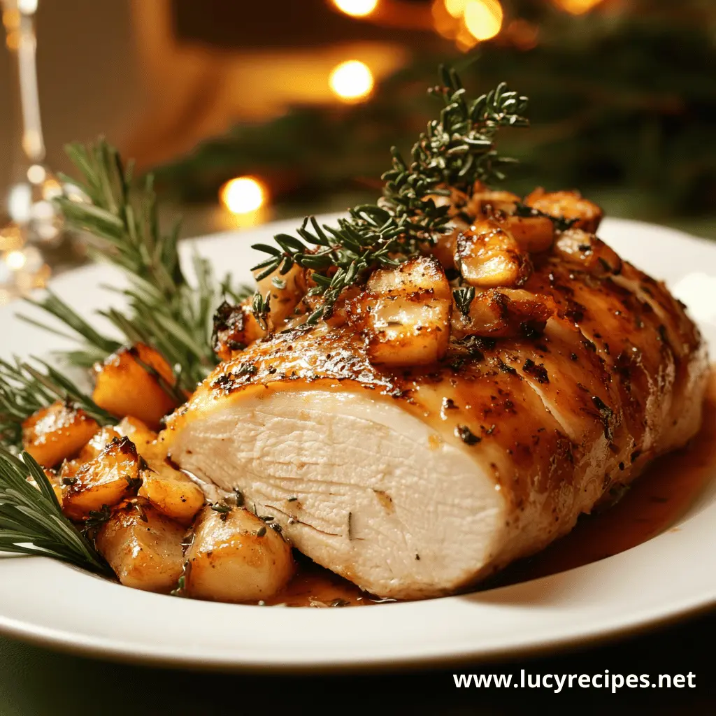 A tender turkey breast glazed with a savory sauce, topped with caramelized garlic, and garnished with fresh rosemary and thyme.