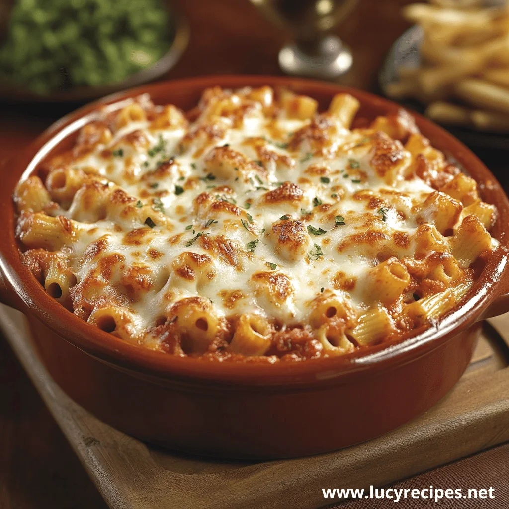 A bubbling casserole dish of golden baked ziti topped with melted cheese and sprinkled with fresh herbs.