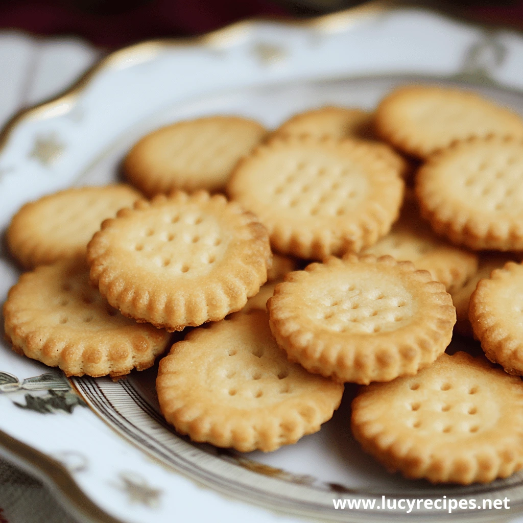 A plate of golden, crispy butter biscuits with a decorative edge, served on a fine porcelain plate