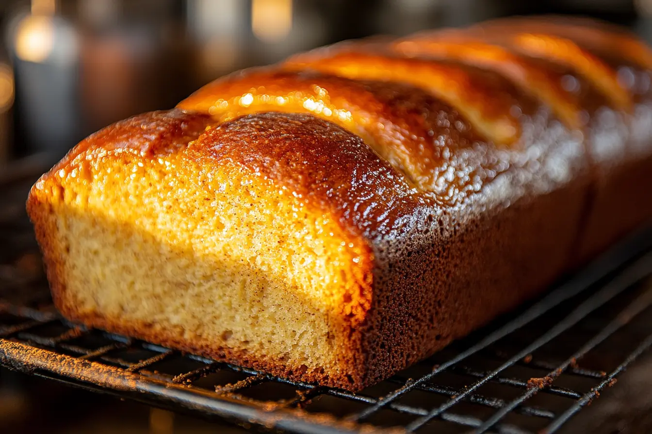 A freshly baked banana loaf with a shiny honey glaze, cooling on a wire rack under warm sunlight.