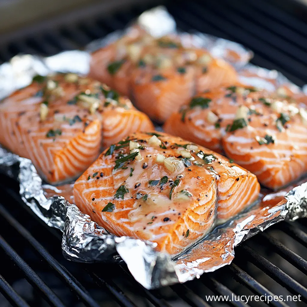 Salmon fillets grilled on a foil-lined tray, topped with garlic, fresh herbs, and butter glaze.