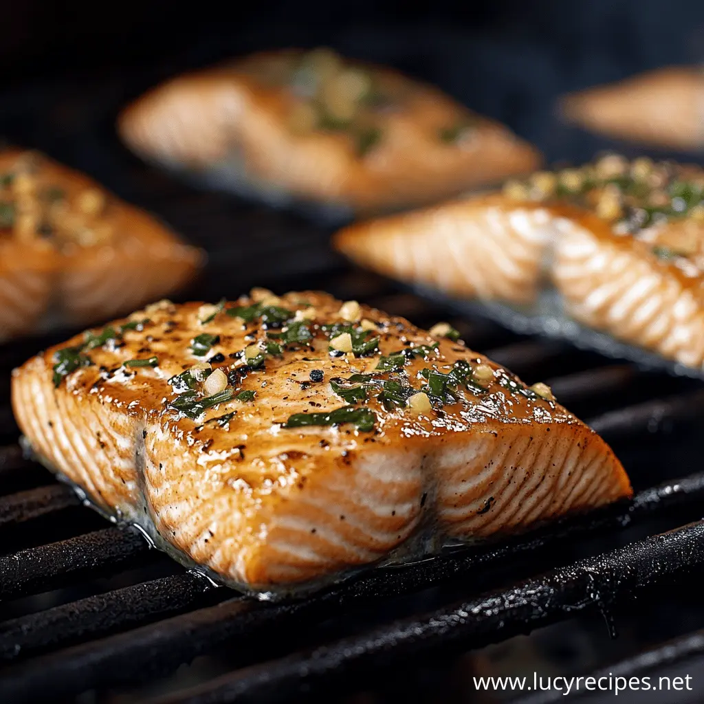 Close-up of salmon fillets on a barbecue grill, glazed with herbs, garlic, and seasoning, cooked to golden perfection