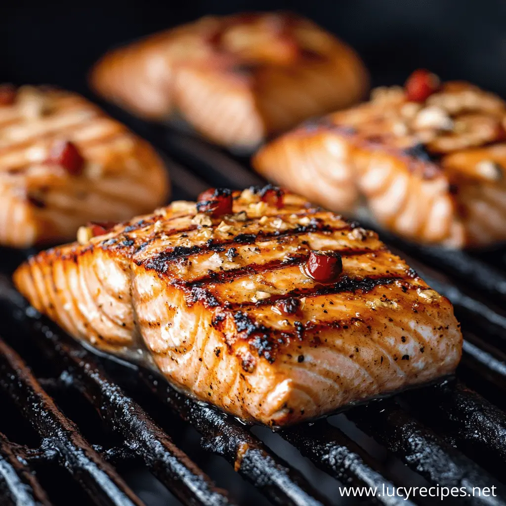 Close-up of perfectly grilled salmon fillets on a barbecue grill, garnished with spices and a crispy, golden crust