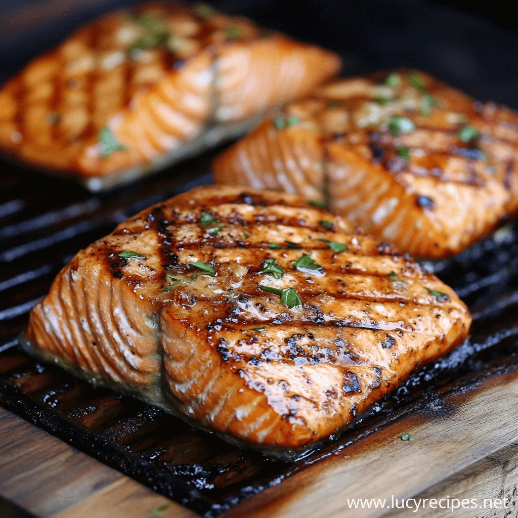 Juicy grilled salmon fillets with charred grill marks, garnished with fresh herbs on a wooden plank.