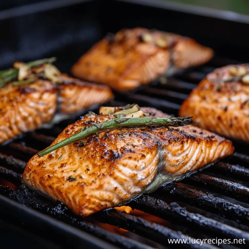 Grilled salmon fillets topped with asparagus and light seasoning, cooked over open flames on a barbecue grill