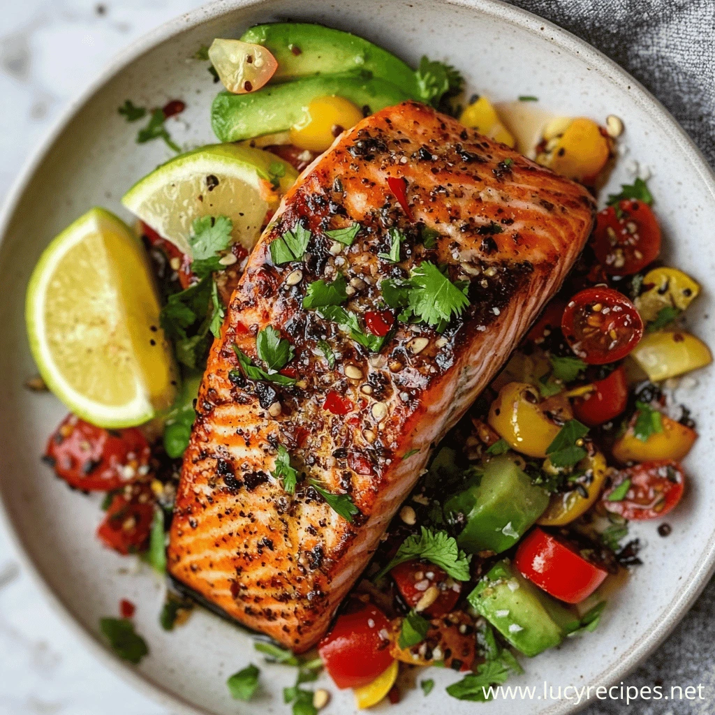 A plate of grilled salmon topped with fresh herbs, served alongside a colorful avocado and cherry tomato salad with lime wedges, exploring the question Do You Eat Salmon Skin and its potential benefits.