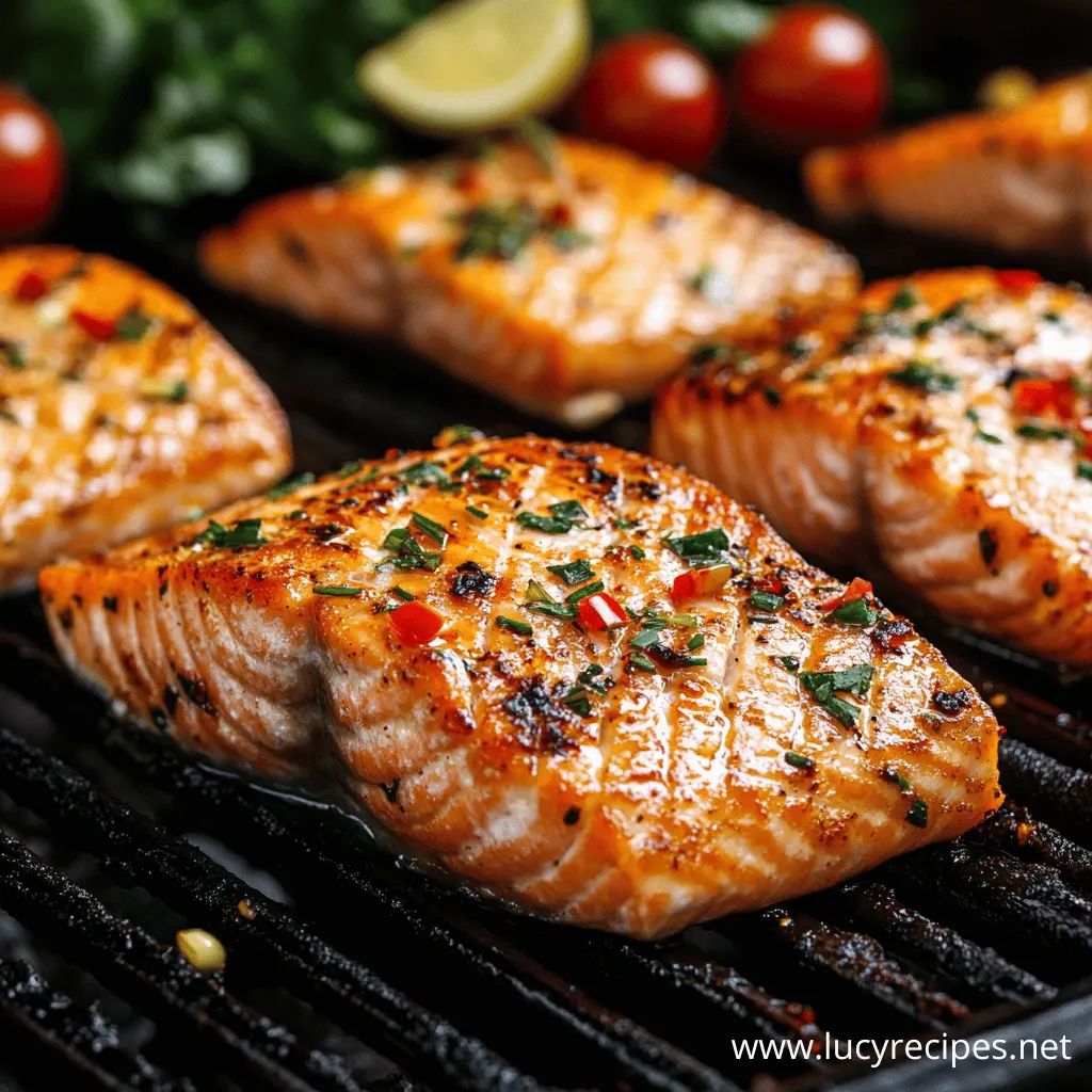 Grilled salmon fillets topped with fresh herbs and diced red chili on a barbecue grill, surrounded by cherry tomatoes and lime slices, illustrating How Long To Grill 1 Inch Salmon for perfect results.