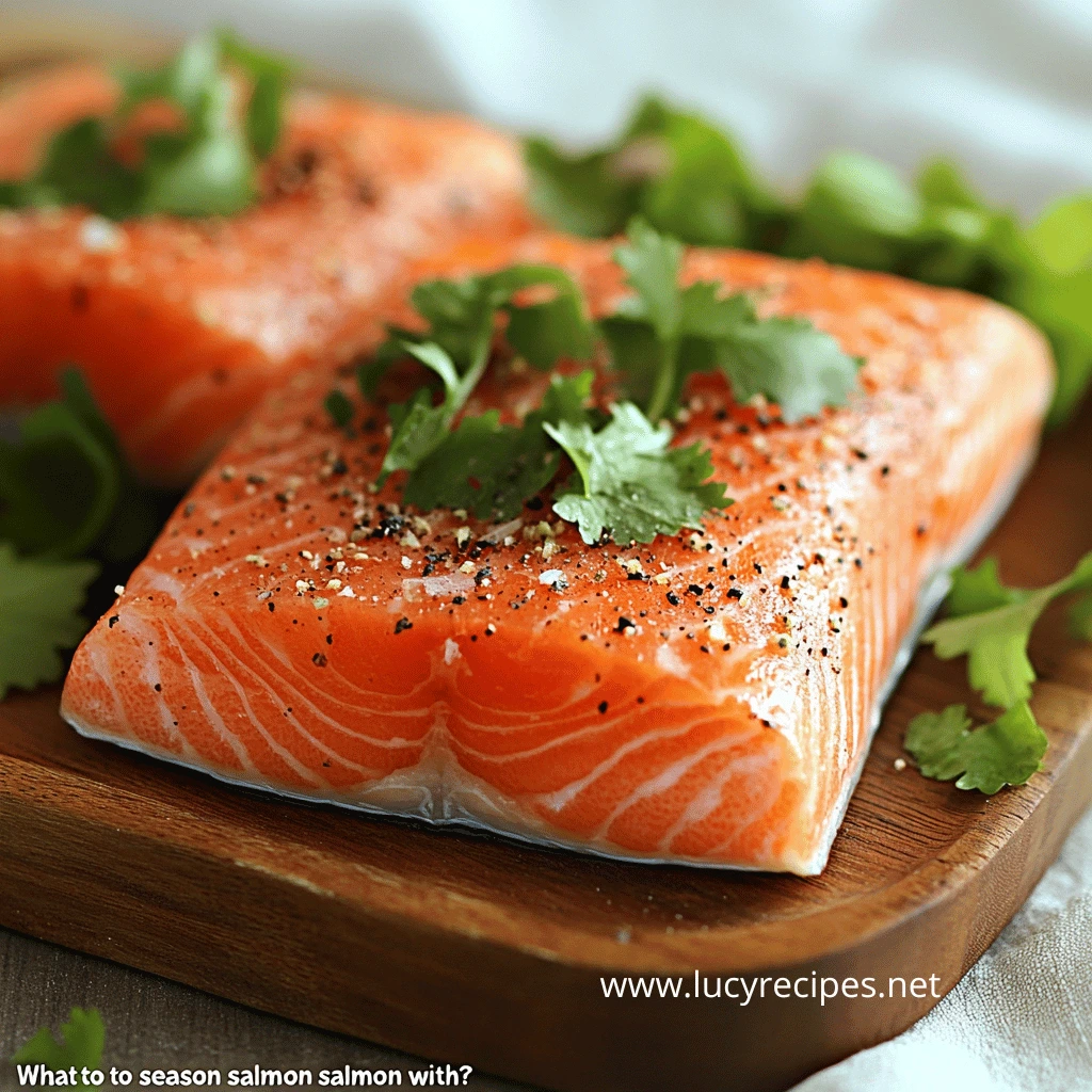 Two uncooked salmon fillets garnished with fresh cilantro and seasoned with salt and black pepper on a wooden surface.