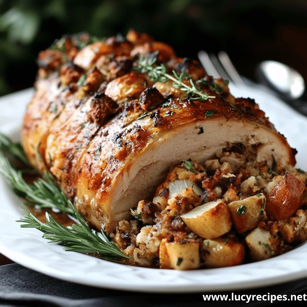 Stuffing for turkey breast: A roasted stuffed turkey breast garnished with fresh rosemary, served on a white platter with a flavorful stuffing of potatoes and herbs.