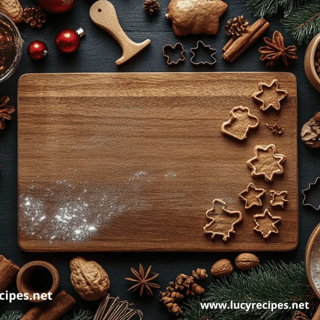 A wooden cutting board surrounded by holiday baking tools, spices, cookie cutters, and festive decorations, addressing Why Are My Gingerbread Men So Hard while showcasing the warm and rustic preparation for holiday treats.