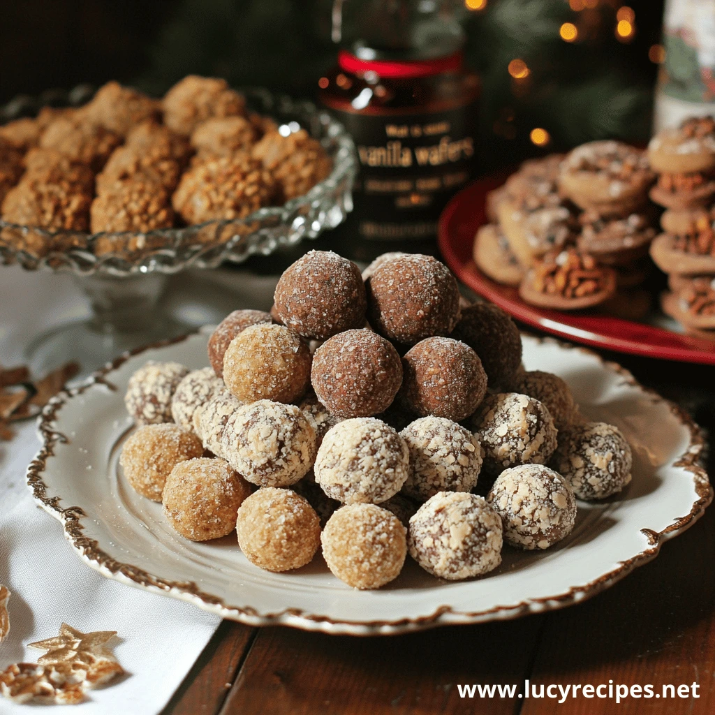 A festive assortment of rum balls in various flavors and coatings, displayed on a decorative plate and surrounded by other holiday treats.