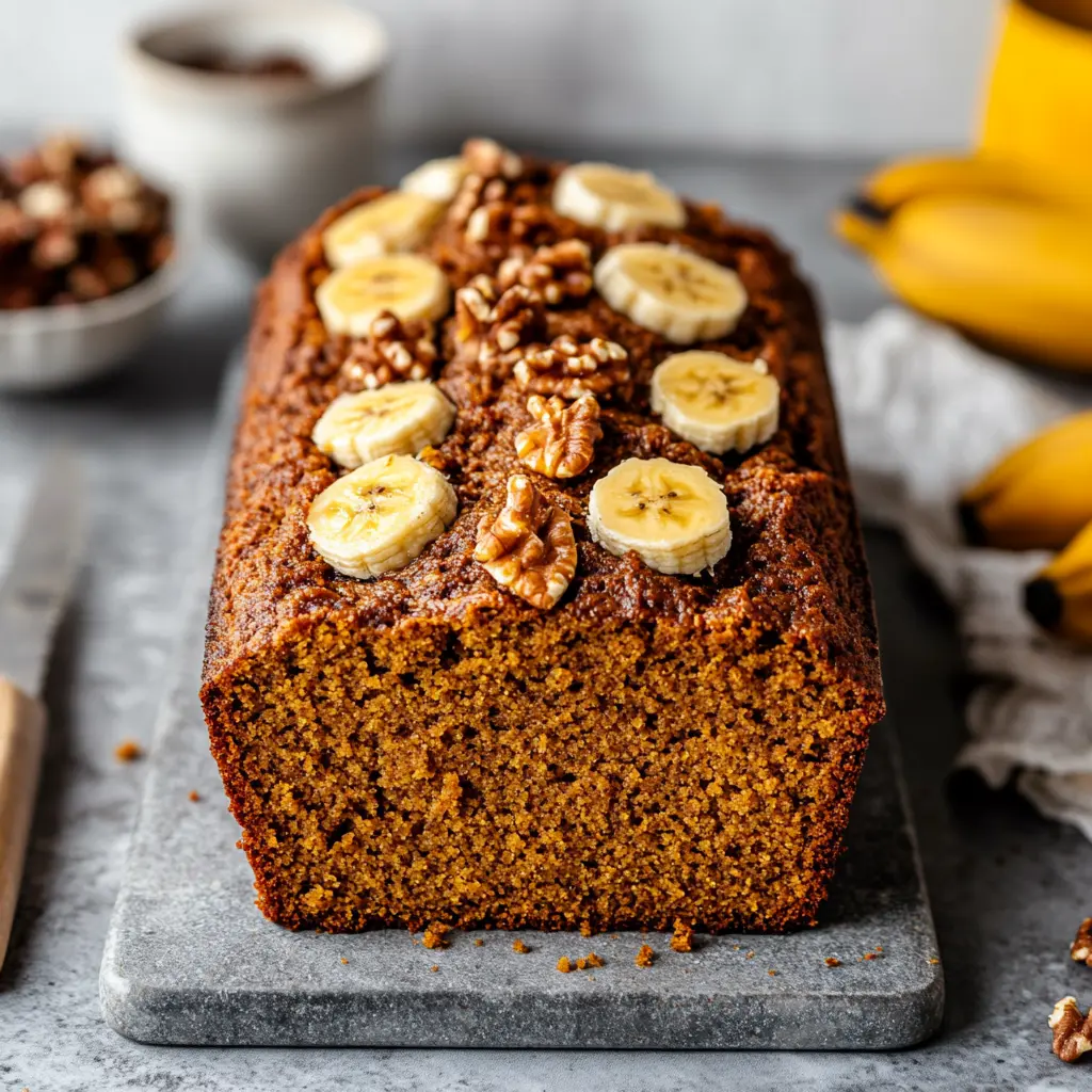 A moist banana bread topped with fresh banana slices and walnuts, placed on a stone serving board with bananas in the background.