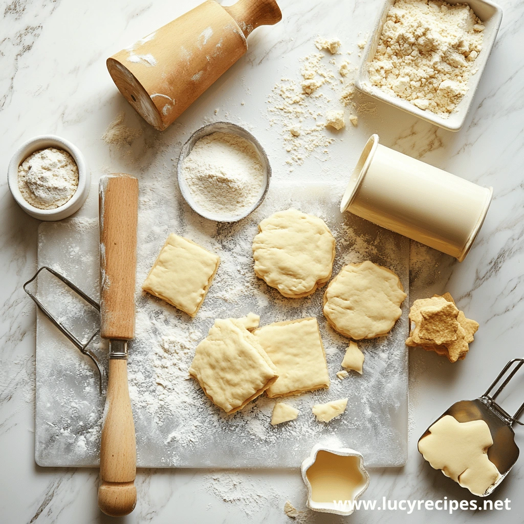 A rustic baking scene with cookie dough, rolling pins, flour, and cookie cutters on a marble surface