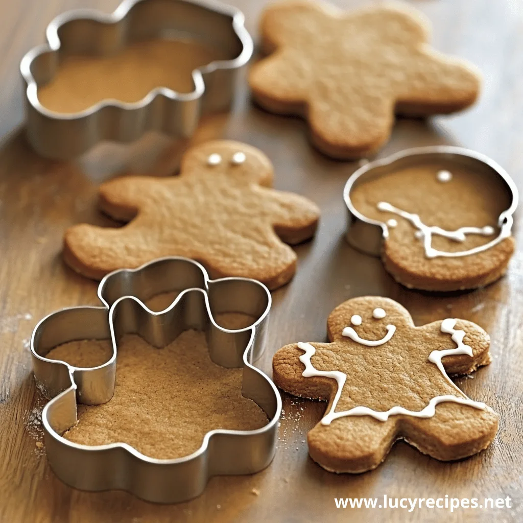 A wooden surface displaying freshly cut gingerbread cookies, with some decorated using white icing and others still in festive metal cutters.