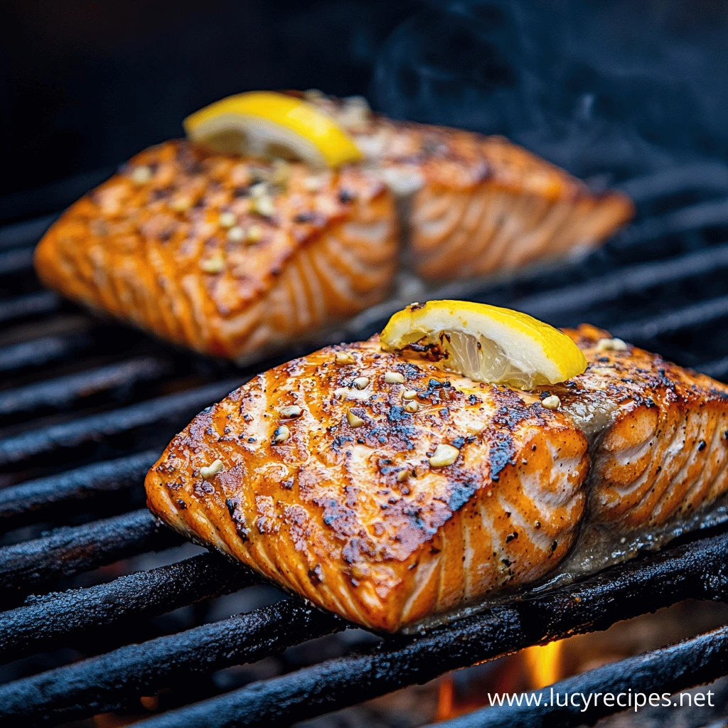 Grilled salmon fillets topped with a slice of lemon and seasoned with garlic and spices, sizzling on a grill.