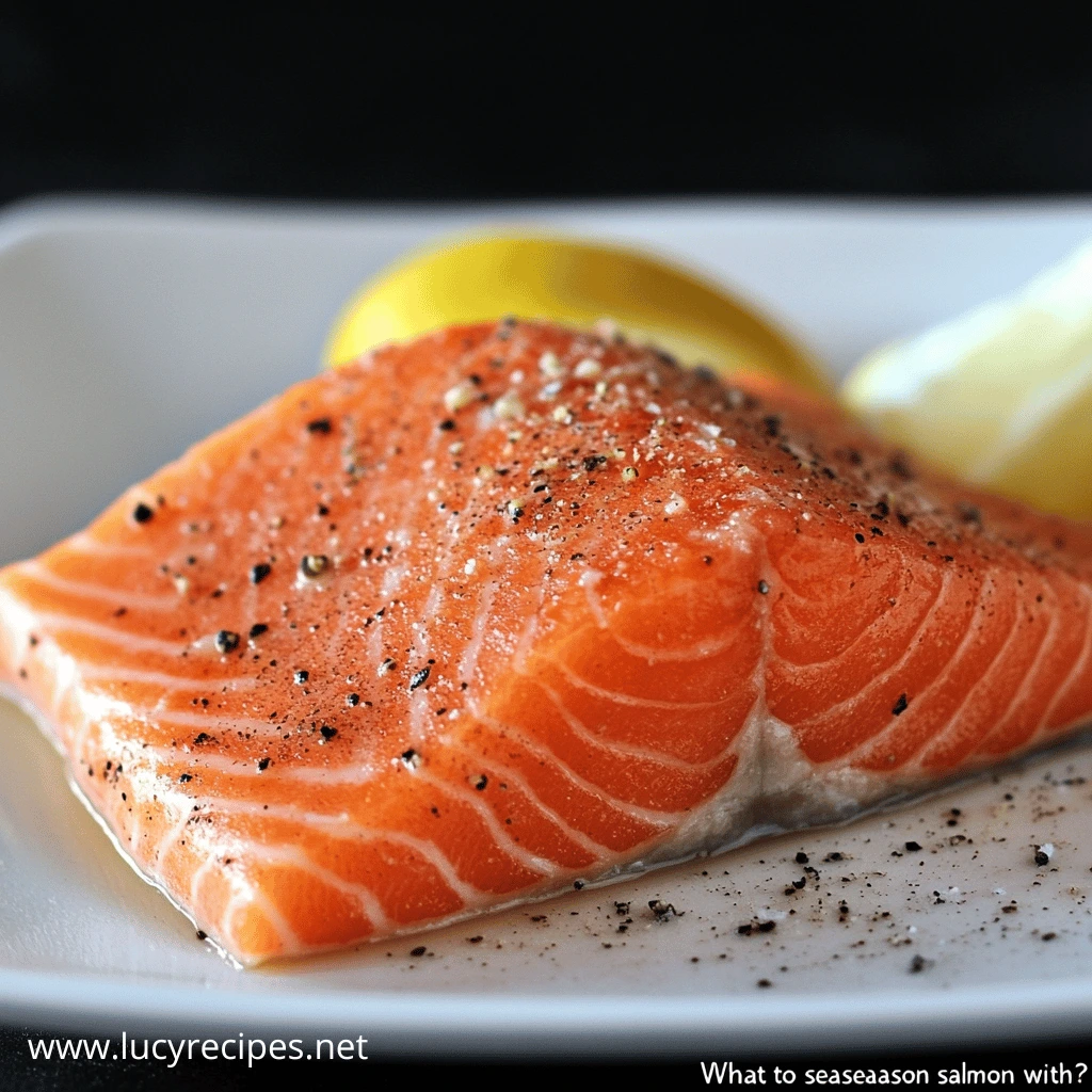 A single salmon fillet seasoned with cracked black pepper and salt, accompanied by fresh lemon wedges on a white plate.