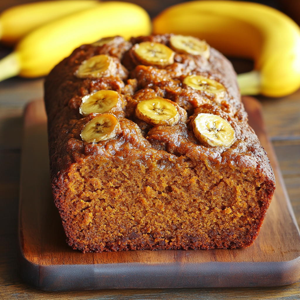 A loaf of moist banana bread topped with caramelized banana slices, placed on a wooden serving board with fresh bananas in the background.