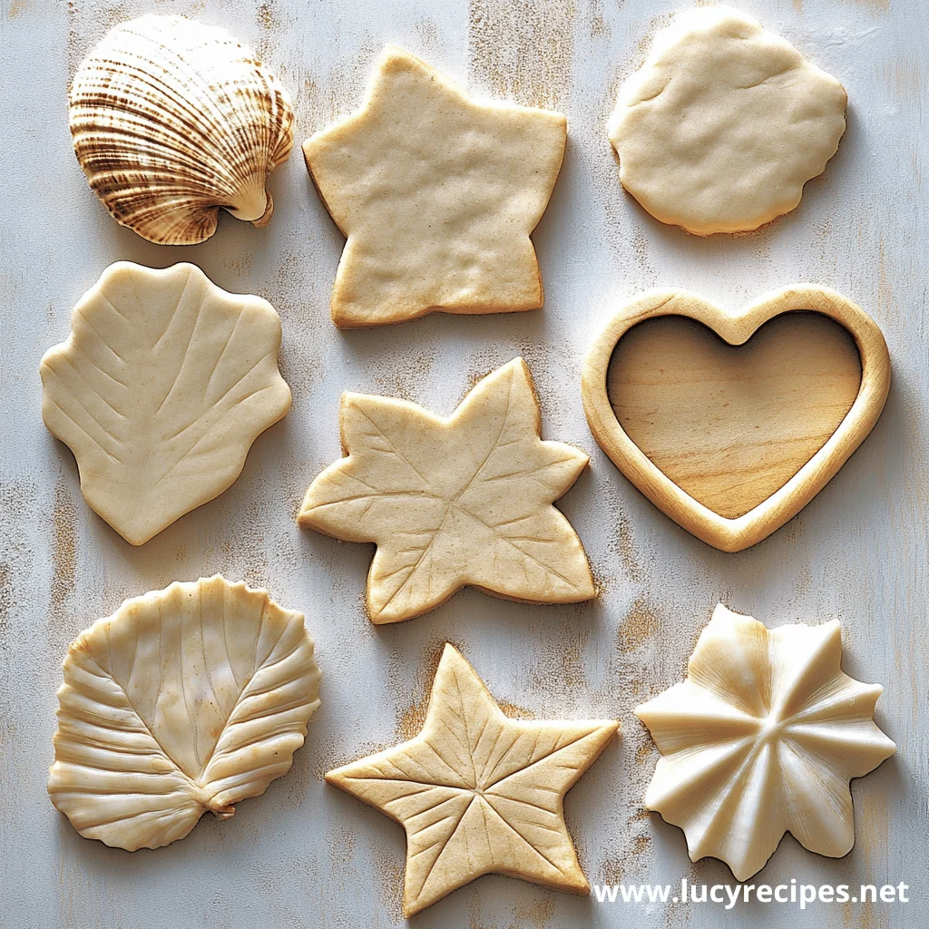 A variety of nature-inspired sugar cookies, featuring designs like leaves, stars, and seashells, created using Gingerbread Cookie Cutter Alternatives, displayed on a lightly dusted surface.